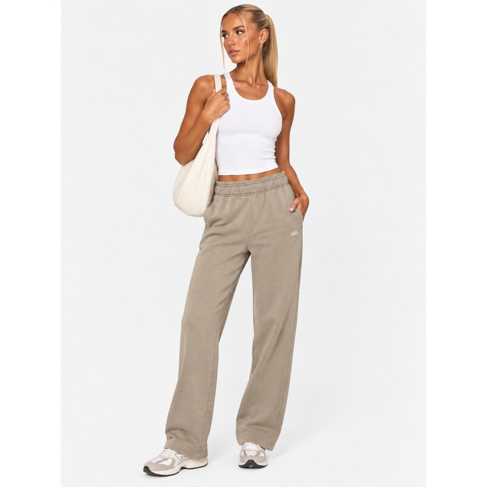 Alo Yoga Accolade Straight Leg Sweatpants Gravel Tan Chrome Logo S